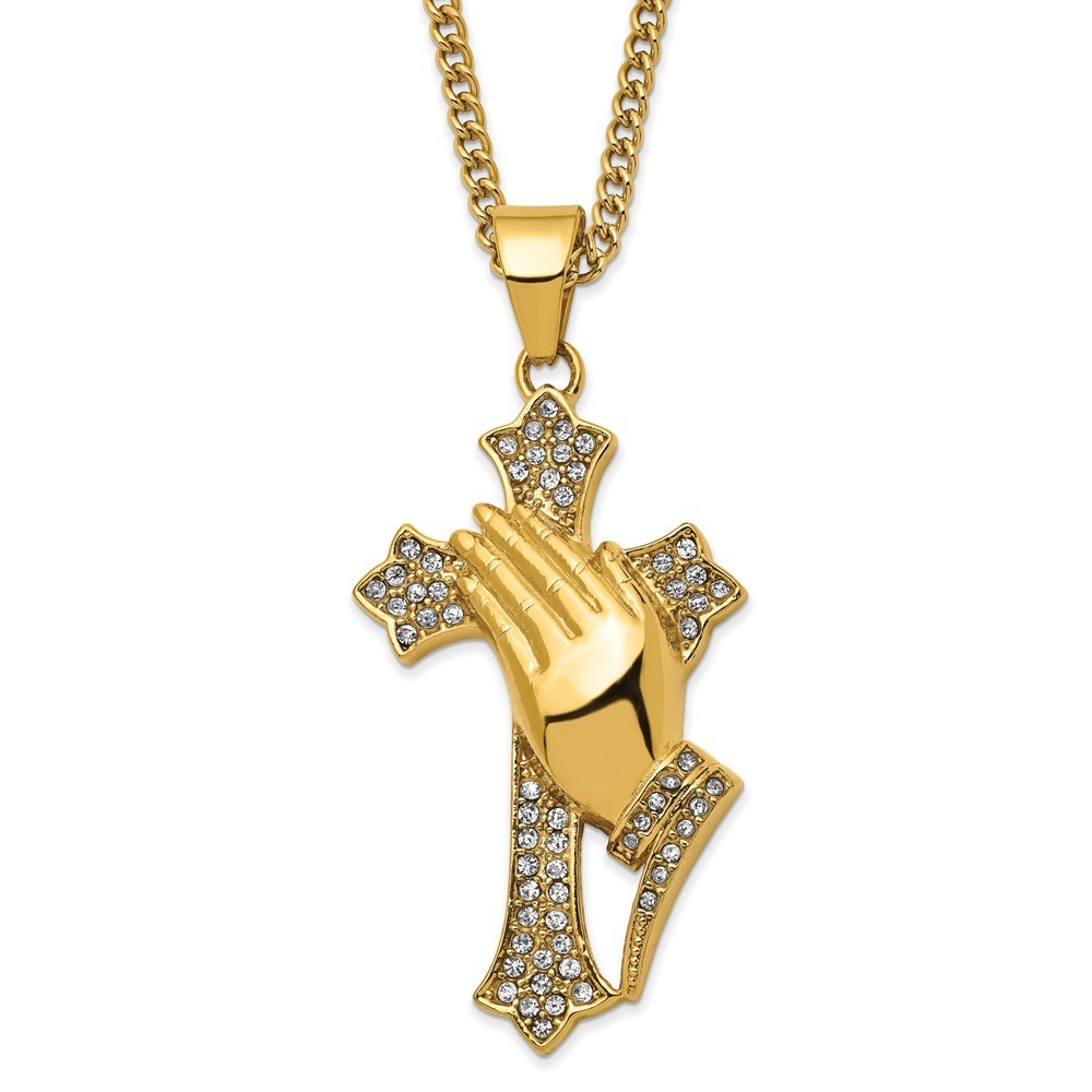 Stainless Steel Ylw Ip-Plated Crystal Cross Prayer Hands Pendant 24